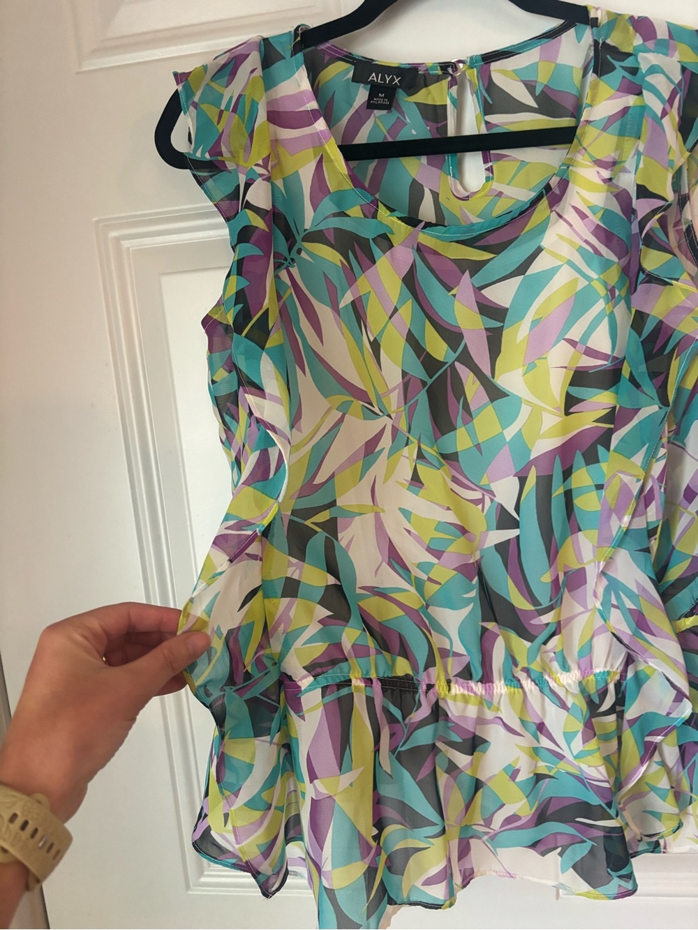 ALYX Multicolor Abstract Leaf-Print Ruffle Shell Top - Picture 2 of 5